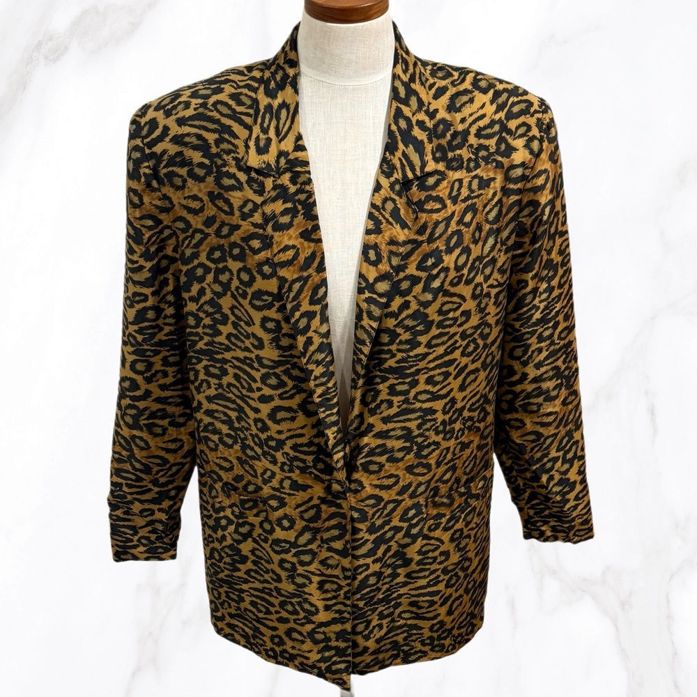 Vintage Carol John Women’s 100% Silk Leopard Print 1 Button Blazer, Size 8